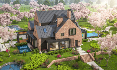 3d rendering of modern cozy clinker house on the ponds with garage and pool for sale or rent. Fresh spring day with a blooming trees with flowers of sakura on background.