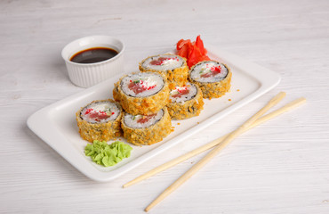 Deep fried Japanese spring roll . wand also features a Traditional Japanese menu on a white background