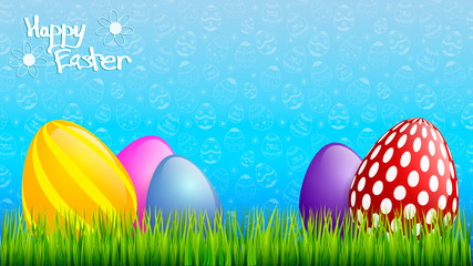 Easter poster with festive eggs with grass and pattern on background