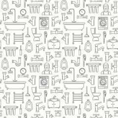 Seamless pattern with line style plumbing icons. Thin line background for plumbing service. Bathroom pattern with outline black icons on white.