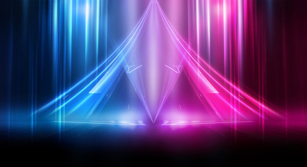 Empty stage, blue and pink, purple  neon, abstract background. Rays of searchlights, light, abstract tunnel, corridor.