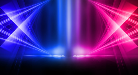 Empty stage, blue and pink, purple  neon, abstract background. Rays of searchlights, light, abstract tunnel, corridor.