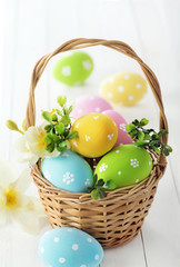 easter eggs in basket on the table
