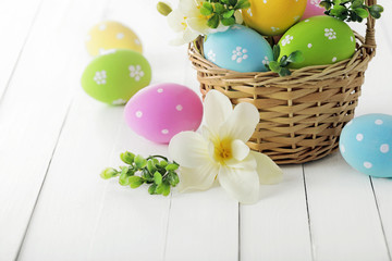 easter eggs in basket on the table