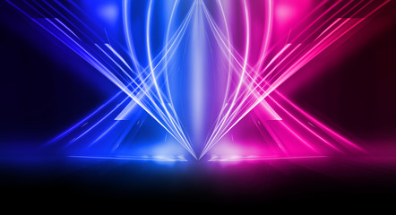 Empty stage, blue and pink, purple  neon, abstract background. Rays of searchlights, light, abstract tunnel, corridor.