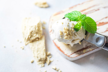 Ice cream with halva. Selective focus, macro