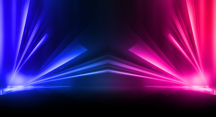 Empty stage, blue and pink, purple  neon, abstract background. Rays of searchlights, light, abstract tunnel, corridor.