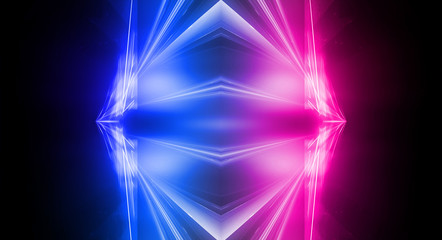 Empty stage, blue and pink, purple  neon, abstract background. Rays of searchlights, light, abstract tunnel, corridor.