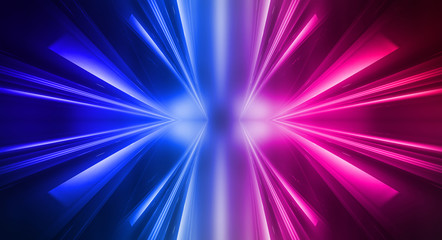 Obraz premium Empty stage, blue and pink, purple neon, abstract background. Rays of searchlights, light, abstract tunnel, corridor.