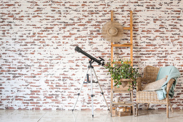 Interior of modern room with telescope