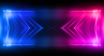 Empty stage, blue and pink, purple  neon, abstract background. Rays of searchlights, light, abstract tunnel, corridor.