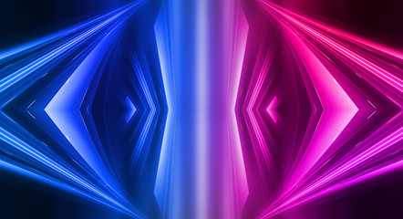 Empty stage, blue and pink, purple  neon, abstract background. Rays of searchlights, light, abstract tunnel, corridor.