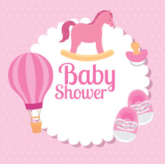 baby shower card with wooden horse and decoration vector illustration design