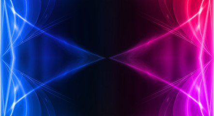 Empty stage, blue and pink, purple  neon, abstract background. Rays of searchlights, light, abstract tunnel, corridor.