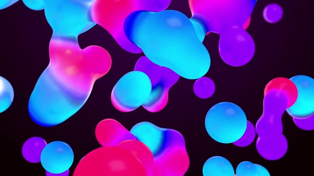 Abstract background with morphing circles in flat style on colorful backdrop. Lava lamp like particles slowly flowing up and down. Blob bubbles in rainbow colors against dark background.