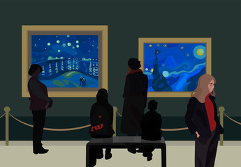People contemplate classical paintings in museum. Exhibition visitors enjoy exposition. Raster illustration in flat cartoon style.