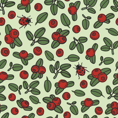 Red berry hand drawn seamless pattern with leaves and ladybugs. Cranberry green background.