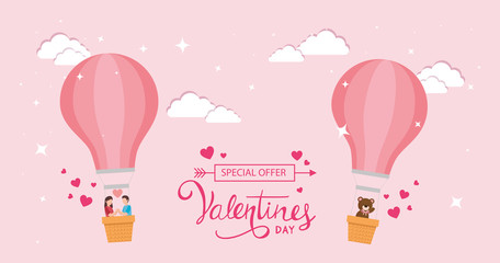 happy valentines day with balloons air hot and decoration vector illustration design