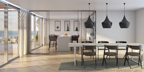 Interior 3d rendering dinning room and kitchen