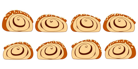 Doodle cinnamon rolls or cinnamon buns side view set. Traditional Finnish cinnamon roll, korvapuusti, slapped ears. Great for icon, card, symbol, invitation design.