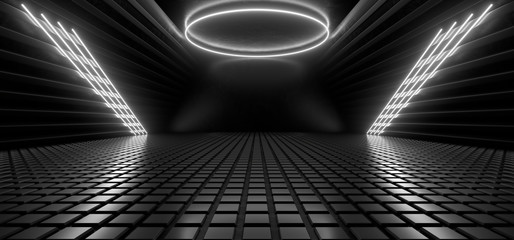 Naklejka premium Beautiful composition of white neon lights on a black background. 3d rendering image.