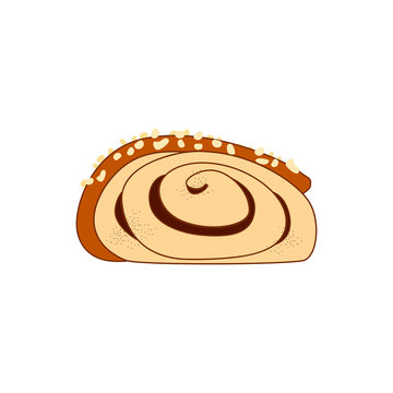 Cartoon cinnamon roll or cinnamon bun inside view isolated on white background. Traditional Finnish cinnamon roll, korvapuusti, slapped ears. Great for icon, card, symbol, invitation.