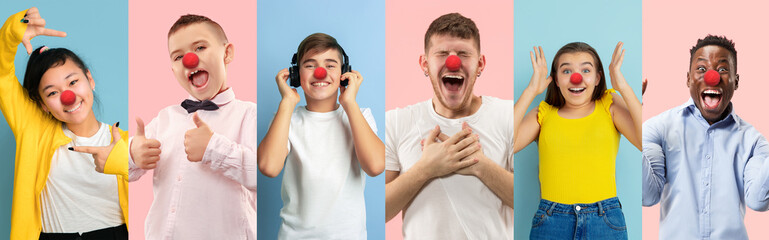 Collage of happy young people as a clowns celebrating red nose day. Male and female models on bicolored blue-pink studio background. Celebrating, greeting, holidays concept. Human facial emotions.