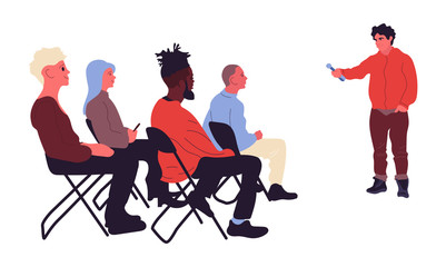 Speaker communicates with audience.Stand-up show.Students listening to a lecture.Vector illustration