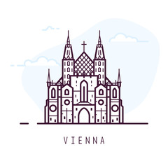Fototapeta premium Vienna city line style illustration. Old and famous St. Stephen's Cathedral or Stephansdom in Vienna. Austria architecture city symbol of Austria. Outline building vector illustration. Travel banner.