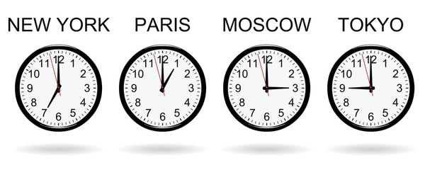Clocks at different times on white background  