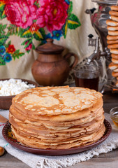 Thin homemade pancakes. Russian bliny. Maslenitsa