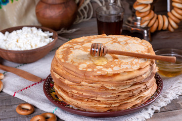 Thin homemade pancakes. Russian bliny. Maslenitsa