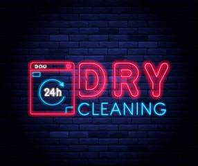 Dry cleaning service neon banner. Laundry room neon symbol on background of brick wall vector illustration. 24 hour laundromat service night neon signboard.