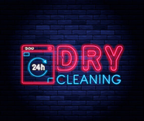 Obraz premium Dry cleaning service neon banner. Laundry room neon symbol on background of brick wall vector illustration. 24 hour laundromat service night neon signboard.