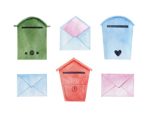 Watercolor Envelopes and Mail boxes of different colors: blue, red and green, isolated on a white background. Hand-drawn postal set. Clip art collection for postcrossing theme. Paper letters