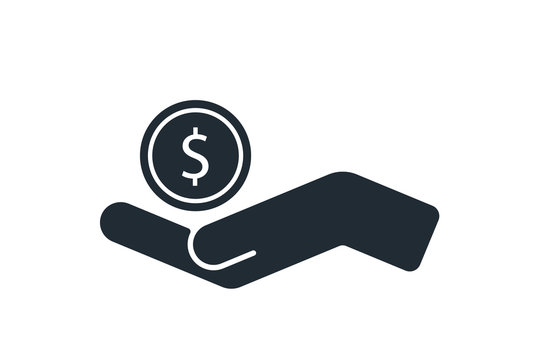 Hand holds a coin symbol. Money earning icon.