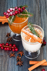 Traditional New Year or Christmas drinks. Eggnog cocktail and hot apple cider with cinnamon sticks, anise stars and cranberries.