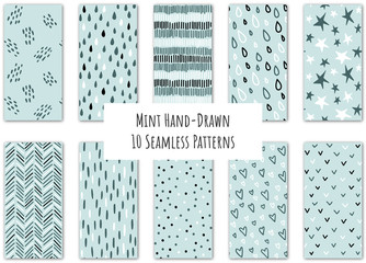 Set of 10 sketchy hand-drawn vector seamless patterns in mint and pine colours - for wallpaper, paper, fabric, textile design