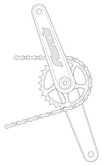 Vector line black bicycle crank with chain and logo Freeride. Isolated on white background.