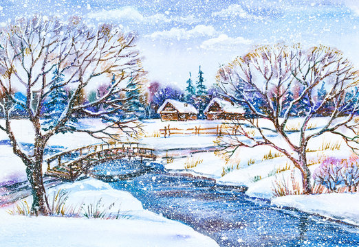 Watercolor painting: Russian winter village landscape with river and wooden bridge