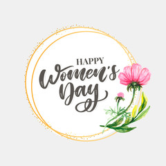 Woman s Day text design with flowers and hearts on square background. Vector illustration. Woman s Day greeting calligraphy design in pink colors. Template for a poster, cards, banner.