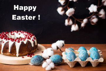 Happy Easter, postcard, Easter cake, a wreath of cotton flowers, Easter eggs are painted in cosmic blue. Easter menu.