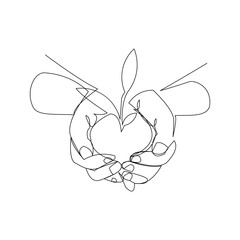 Continuous line drawing of hands palm with growth plant. Vector illustration.