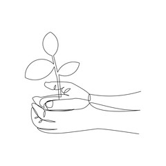 Continuous line drawing of hands palm with growth plant. Vector illustration.