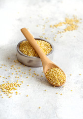 Raw dry hulled millet in a  bowl with a spoon