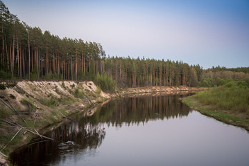 sandstone cliffs on the river Gauja in Latvia summer water stream with high level and green foliage