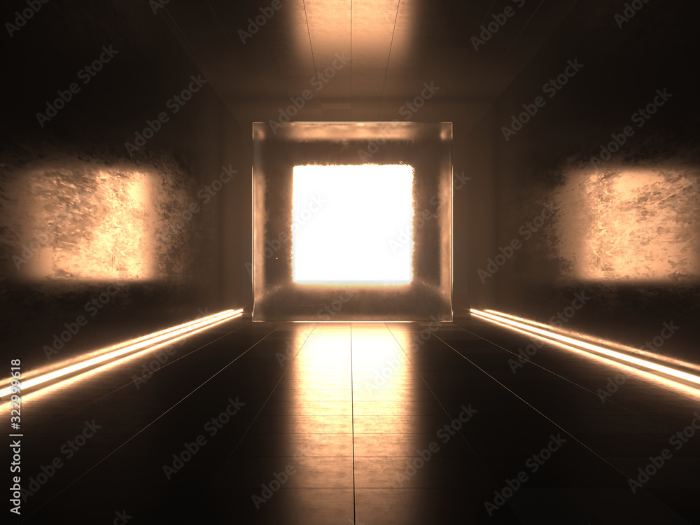 Poster glowing big light portal - exit from dark concept. 3d rendering mock up, template.