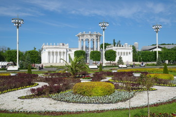 Moscow, Russia - may 20, 2019: Beautiful landscaping and the pavilion № 66 