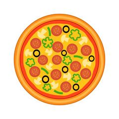 Italian pizza with sausage and mushroom. Top view pizza concept vector illustration on white background.