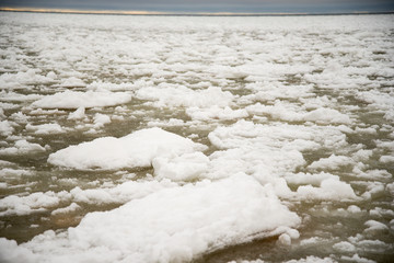 View of Ice block in sea on sunny winter day